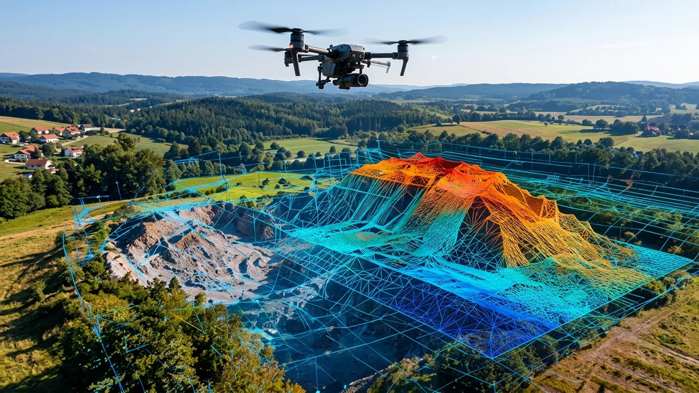 Drone survolant une carrière modélisée en 3D