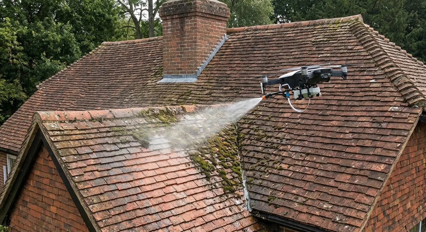 Drone traitant une toiture en tuiles couverte de mousse