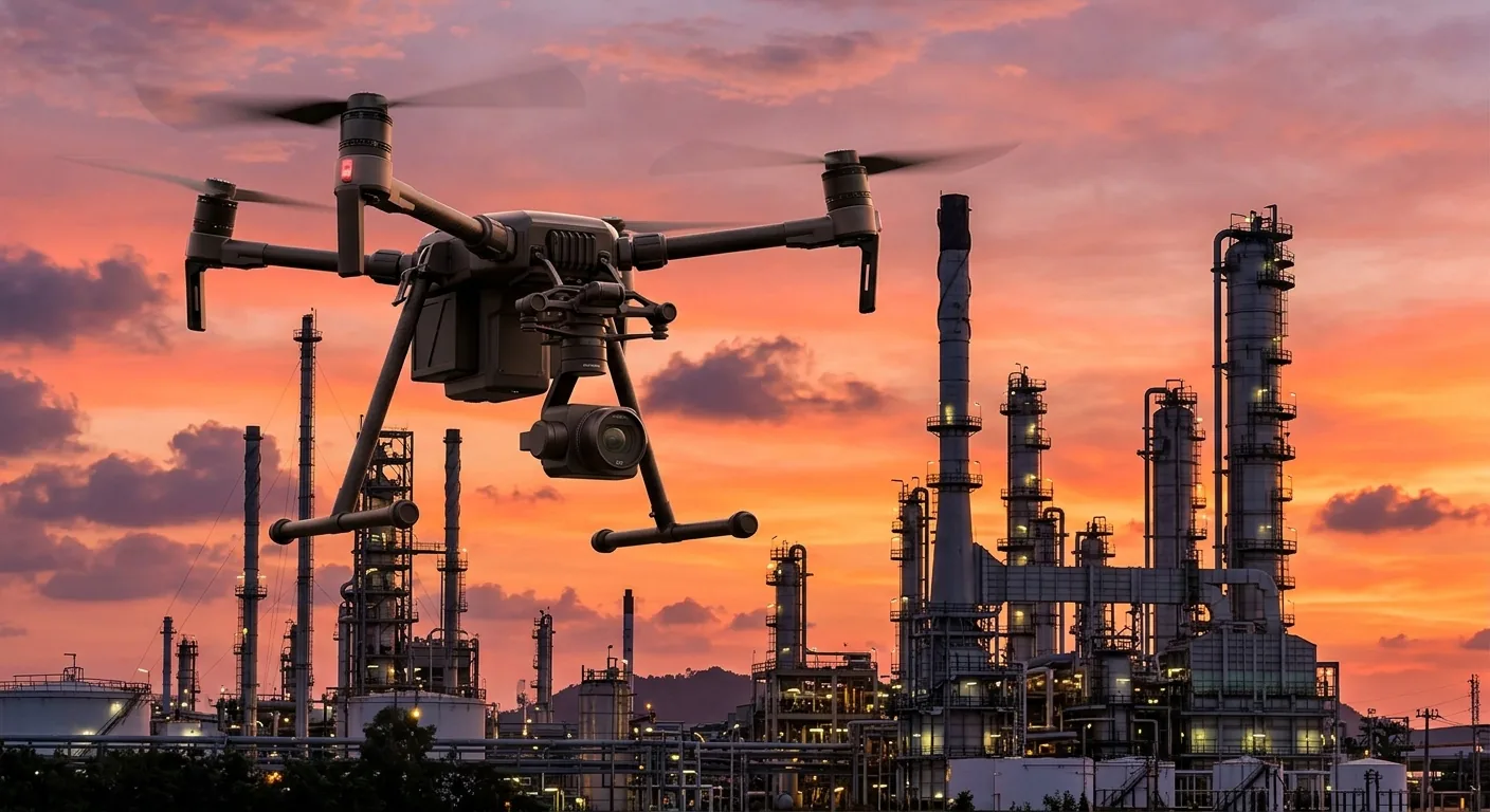 Drone en vol devant un site industriel au crépuscule