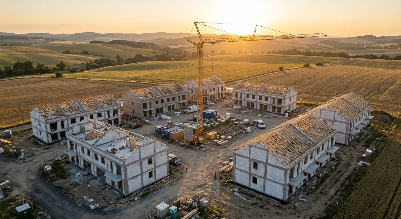 Vue aérienne d’un chantier de maisons en construction au coucher du soleil