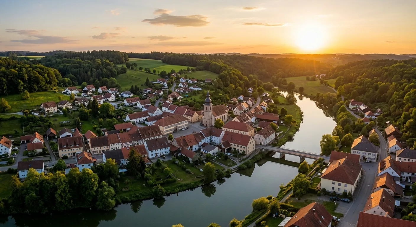 Vue aérienne d’un village au bord d’une rivière, au coucher du soleil